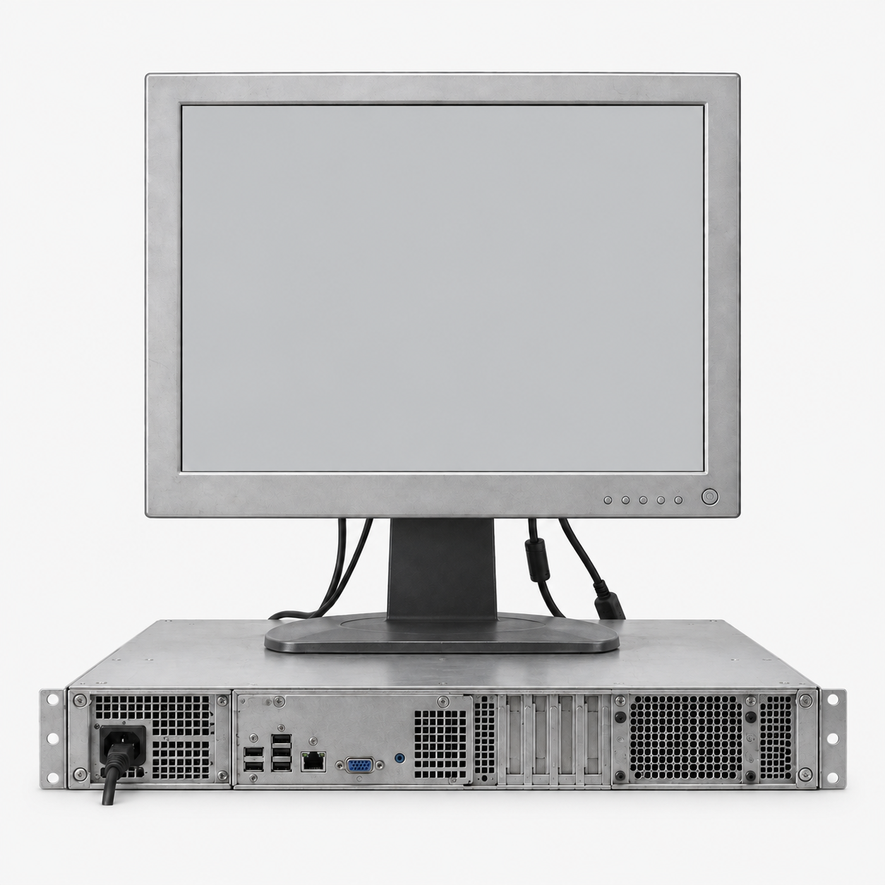 Vintage silver monitor mounted above a rackmount computer with exposed ports and cables.