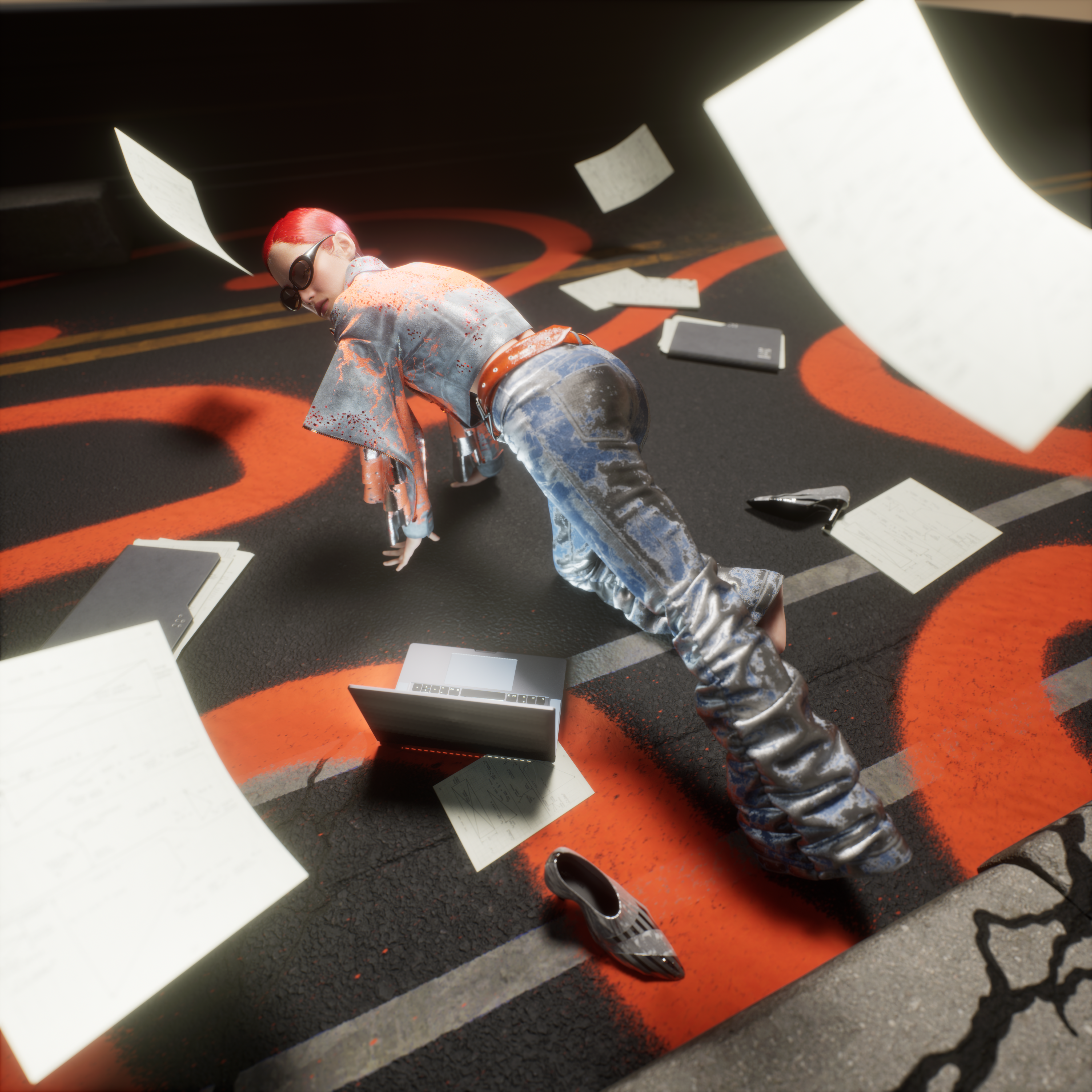 Crosswalk Glitch digital fashion scene with a figure crossing an abstract city intersection.
