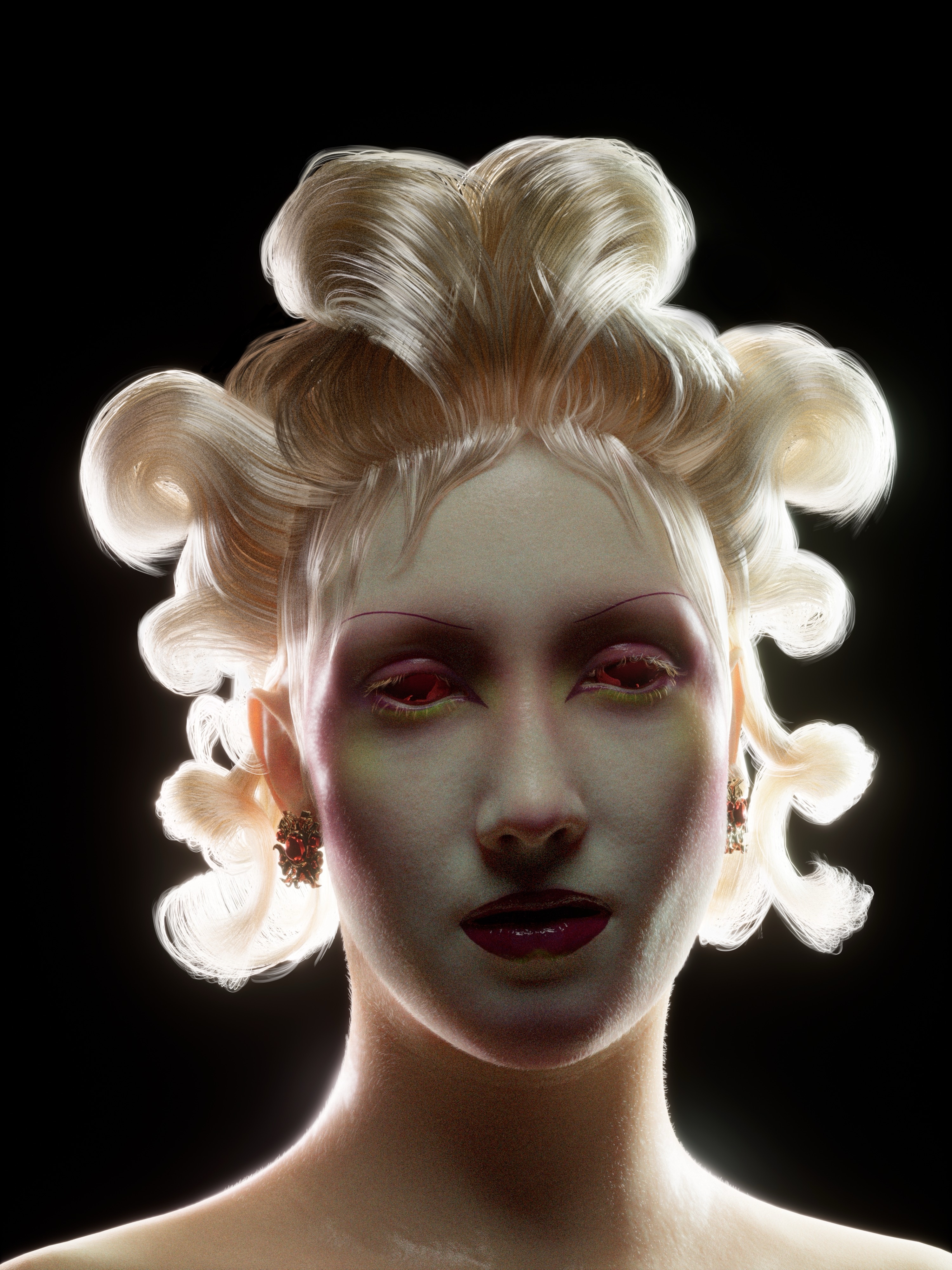 Digital Character Olivia portrait with luminous curled hair and crimson eyes.