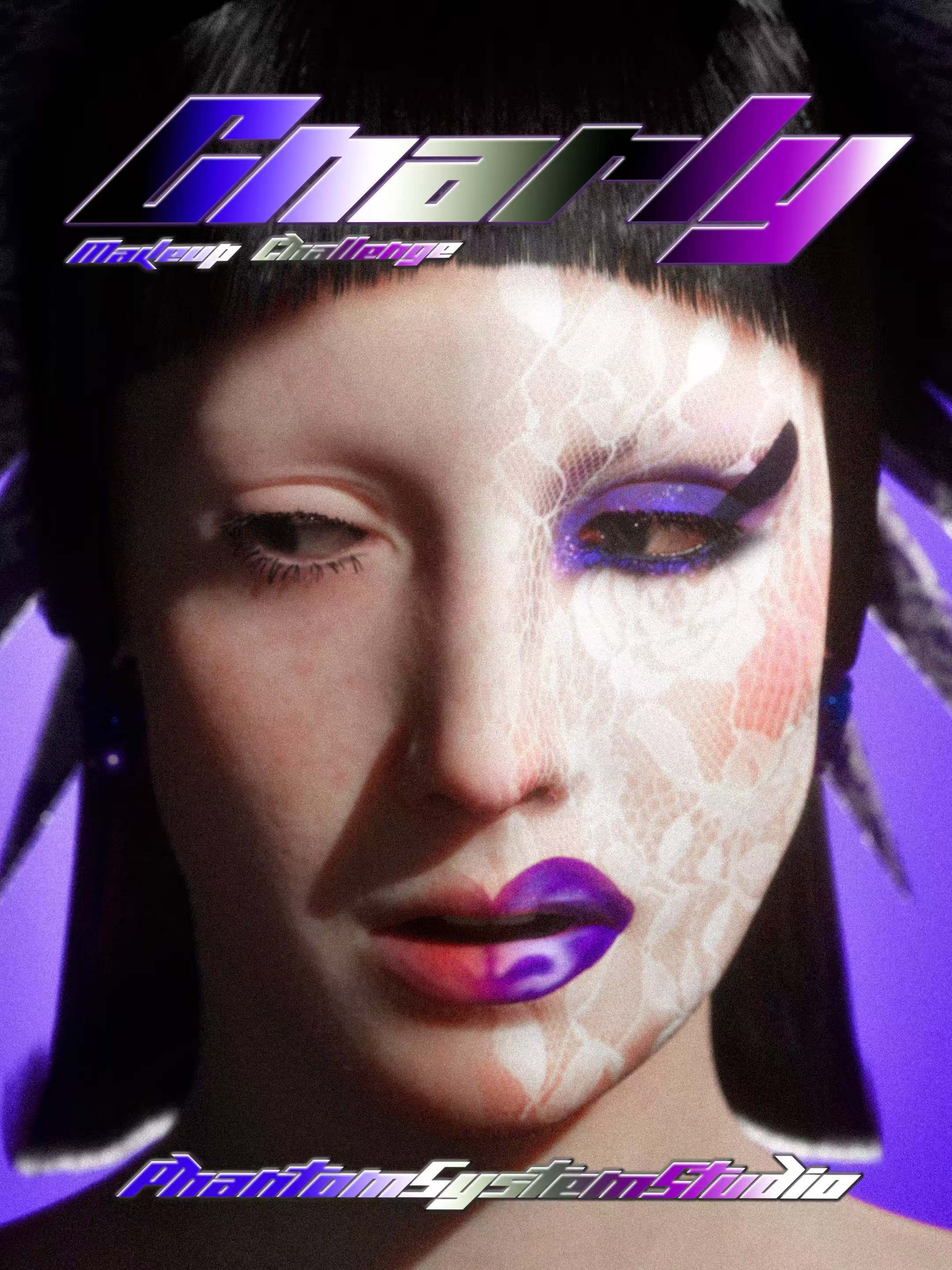 Gnarly Digital Makeup beauty portrait with purple graphics and embroidered floral makeup.