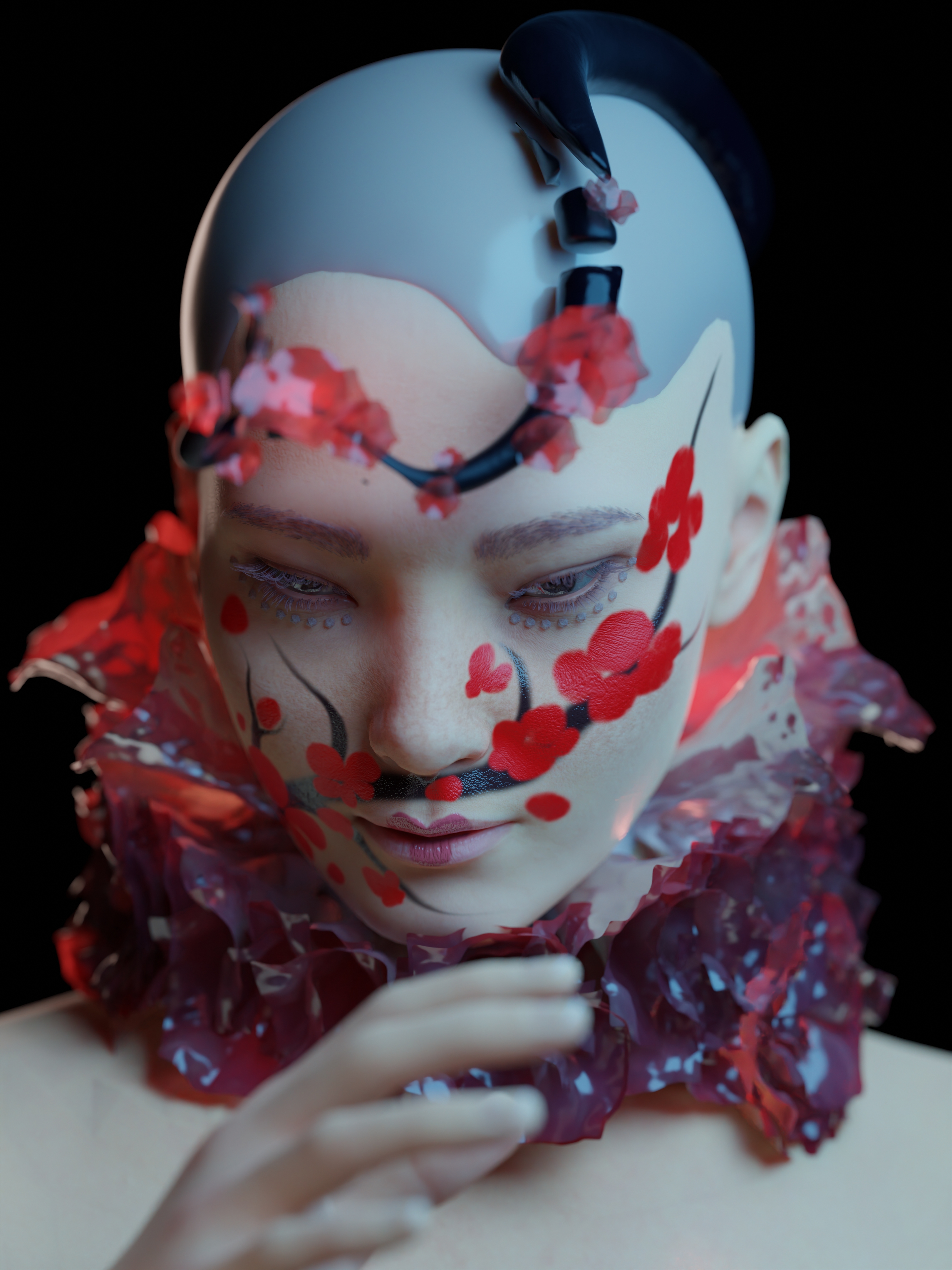 Ode to Flora digital fashion portrait with crimson blossoms and sculptural headwear.