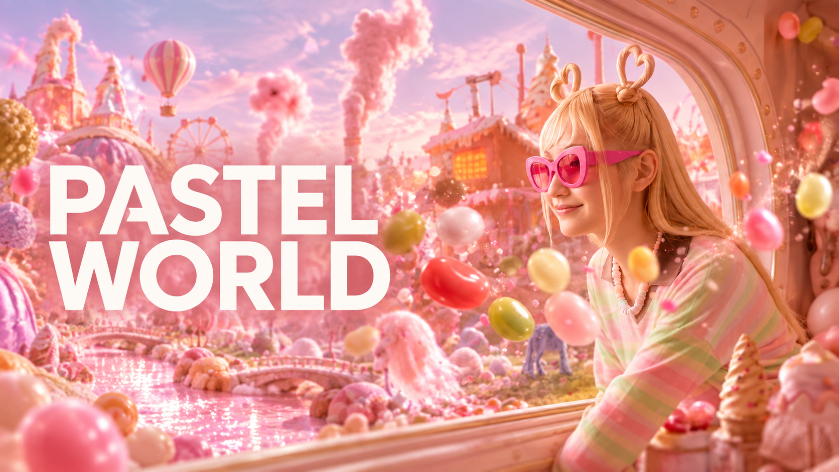 Pastel World: a woman in pink sunglasses overlooking a candy-colored fantasy city.