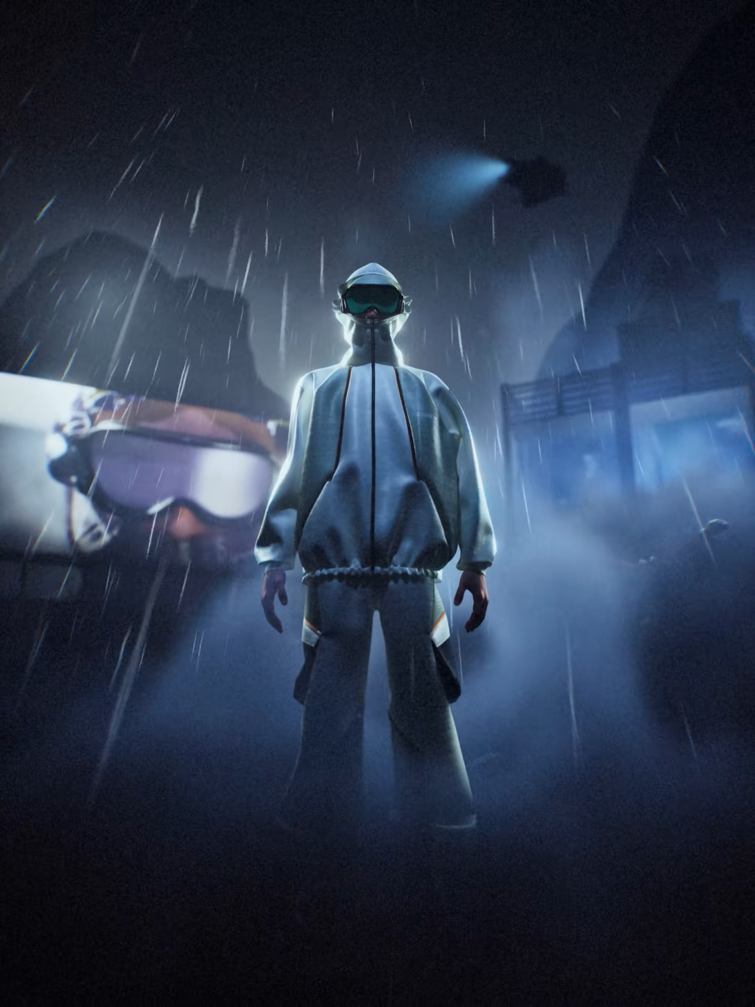 A lone digital fashion figure standing in a rain-soaked, foggy future landscape.